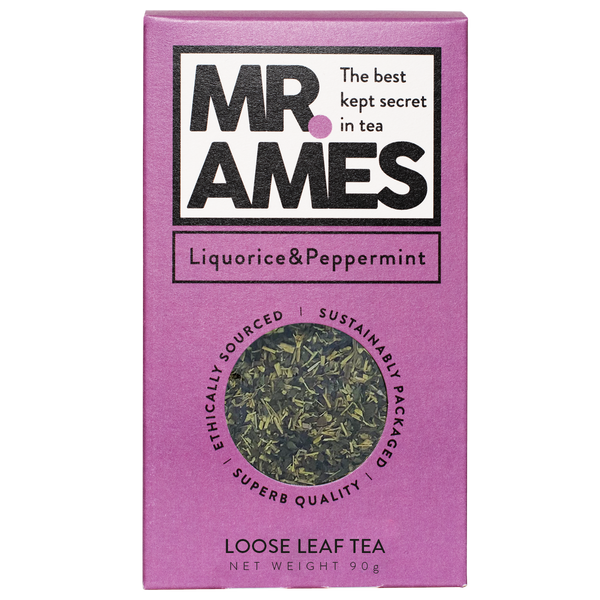 Mr Ames liquorice & peppermint loose leaf tea carton